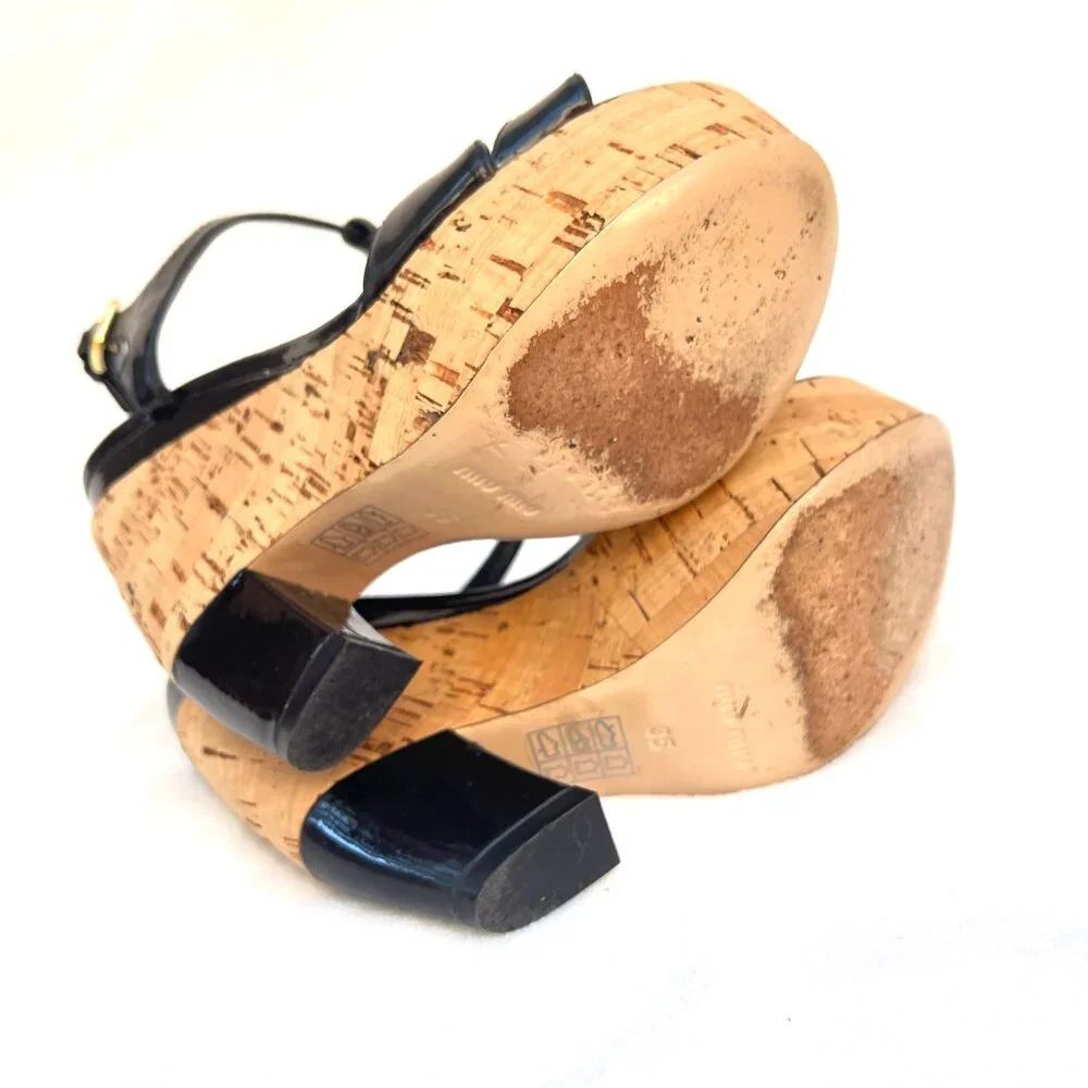 Miu Miu Patent leather T-Strap Cork Black Wedges